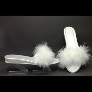 Brand new in the box, never worn white satin feather slippers, size 40 (US9)